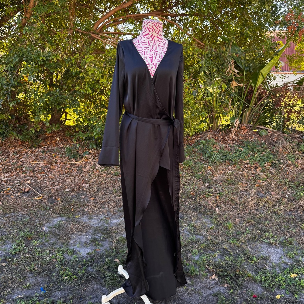 For Love & Lemons X‎ Jaime King La Lydia Wrap Dress Black Satin High Slit Size S